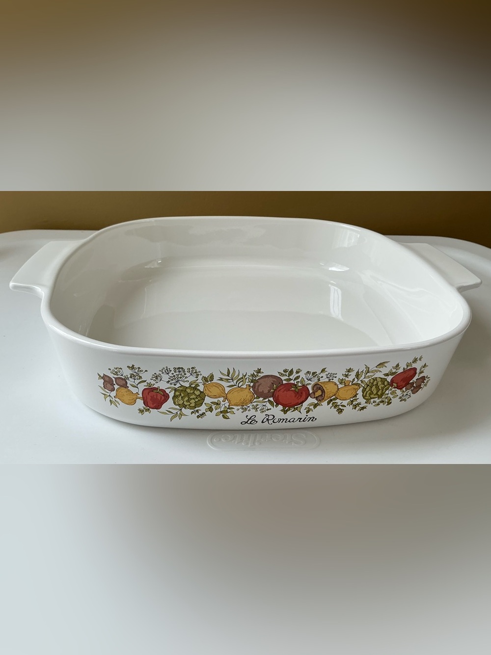 Vintage Le Romarin White Ceramic Baking Dish.